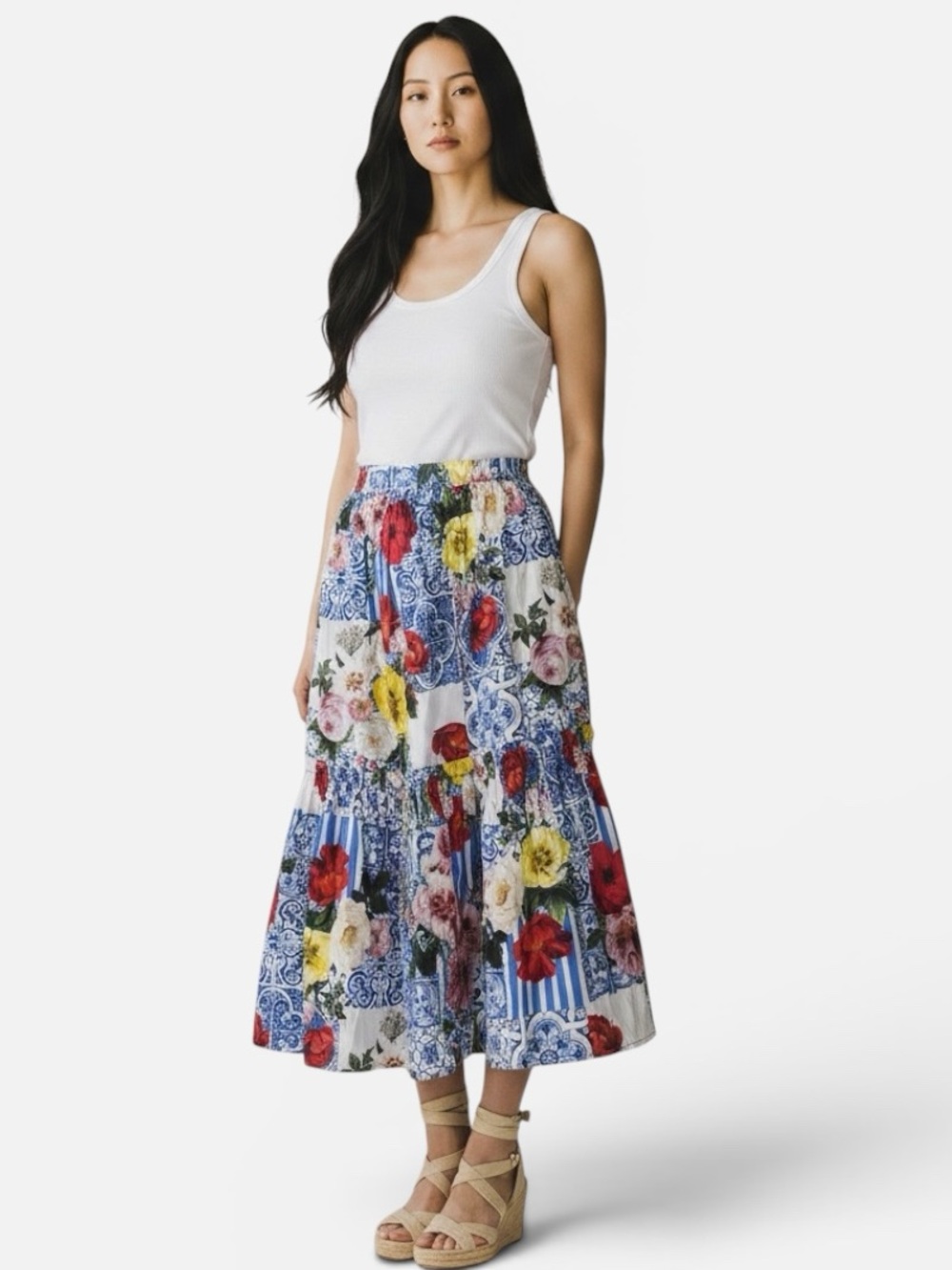 Boston Proper Tiered A-line Skirt Women’s M Cotton Floral striped Side Zip
